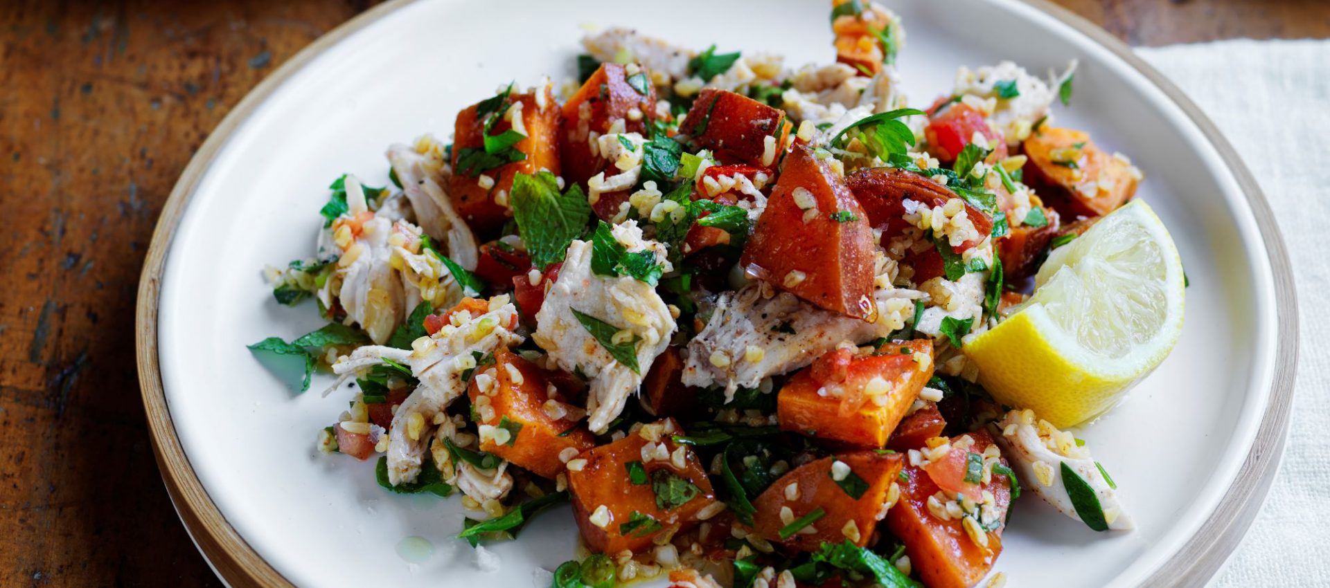 Roasted sweet potato & chicken tabouli salad