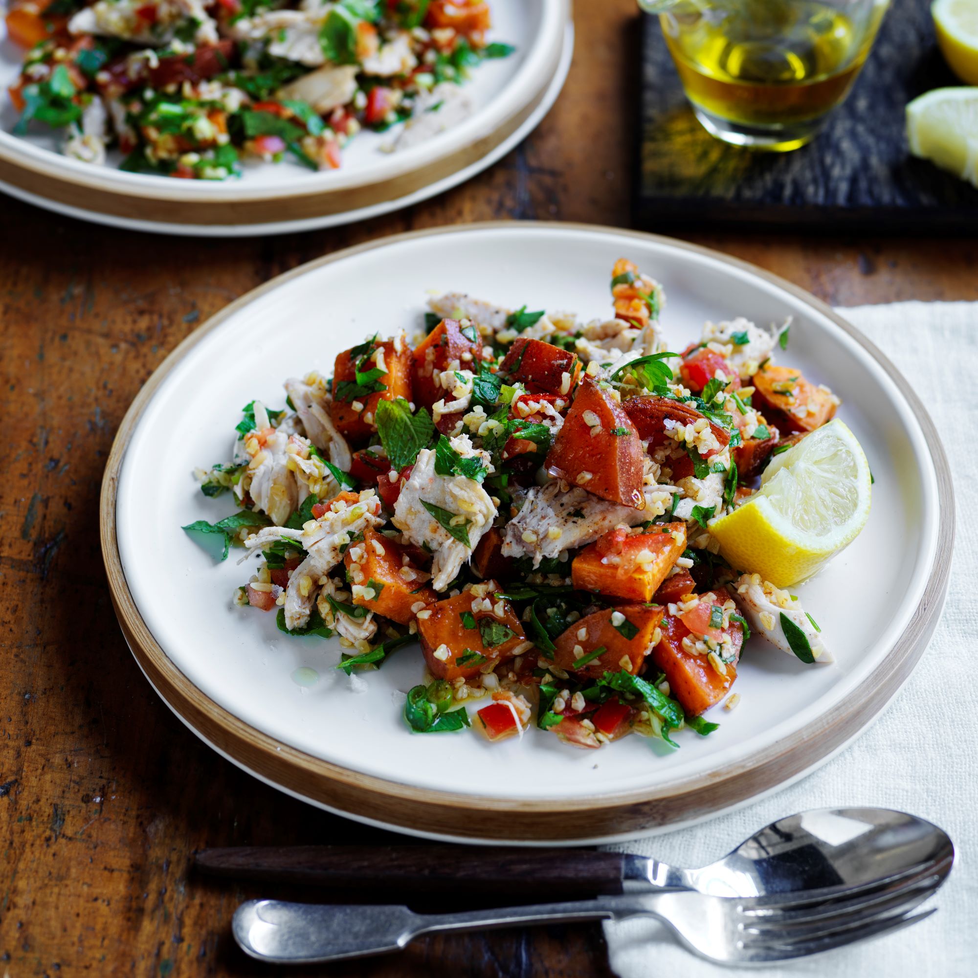 Roasted sweet potato & chicken tabouli salad