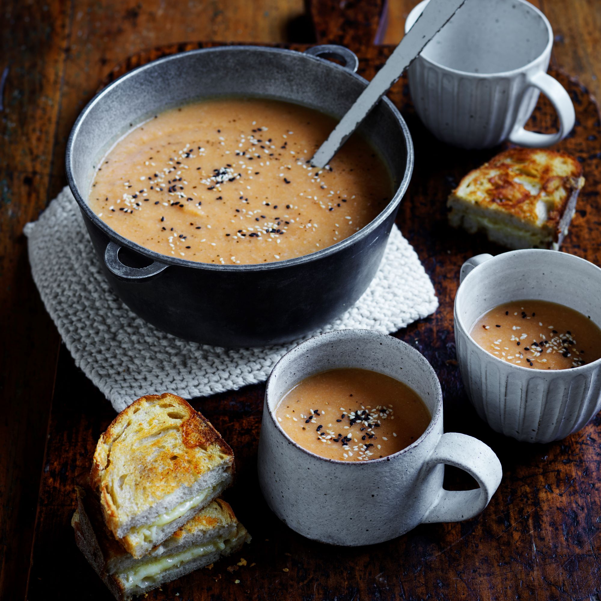 Roasted sweet potato and cauliflower miso soup