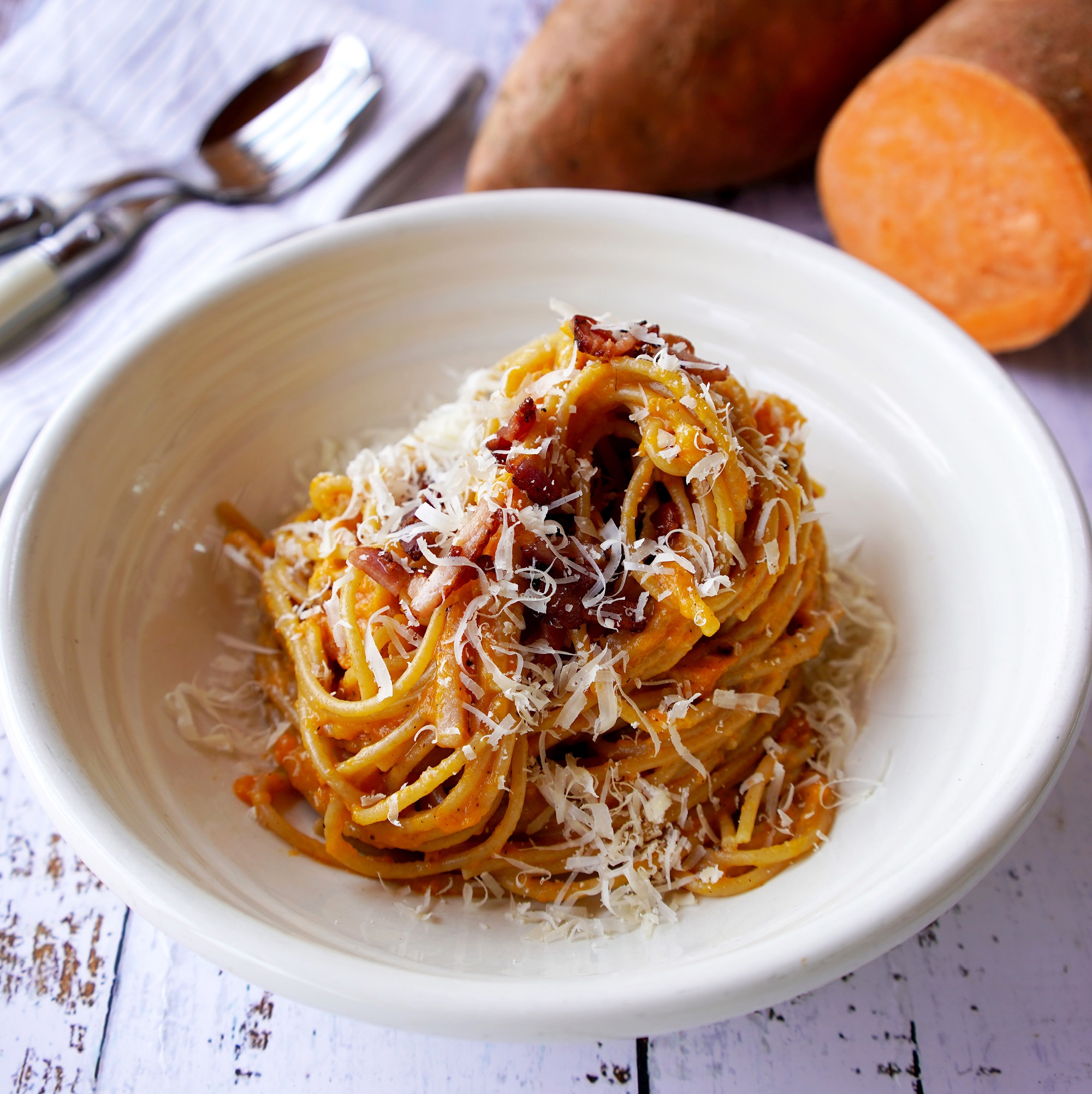 Healthier Sweet Potato and Spelt Carbonara