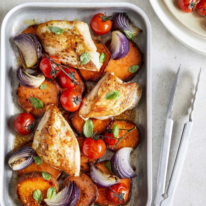 Australian Sweet Potatoes | Sweet Potato, Chicken and Tomato Tray Bake